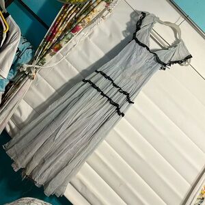 Old vintage corset dress light blue grey with black trim